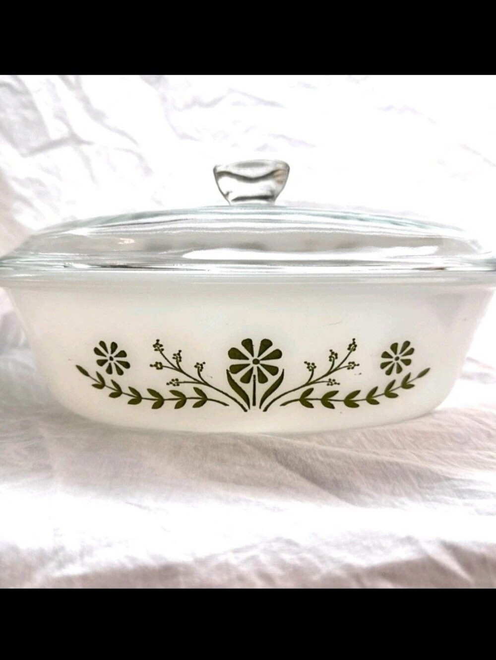 Vintage GlassBake Green Daisy 235 2qt Casserole Dish With Lid
